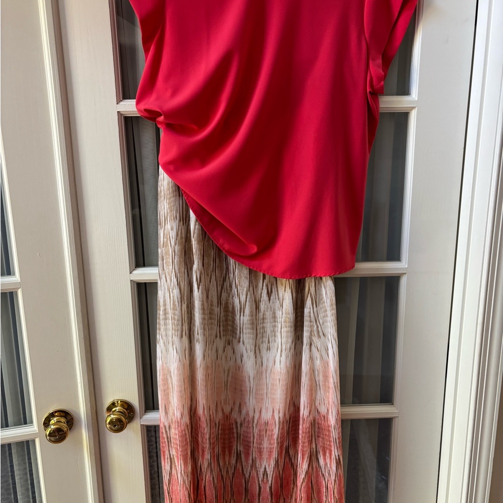 Chico's Coral Shimmer Long Maxi Boho A-Line Skirt & Top Set sz 2 L/XL